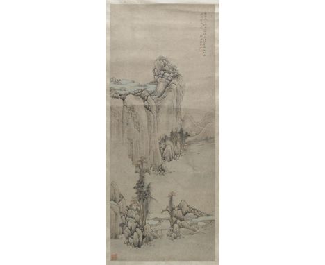 *Chinese School. A Chinese mountain landscape scroll painting, 19th century,  watercolour on paper, artist's red seal lower l