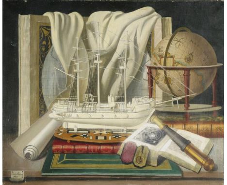 *Cerny (Charles, 1892-1965). Nautical Still Life, with books, model ship, globe, telescope and compass on a ledge, 1960,  oil