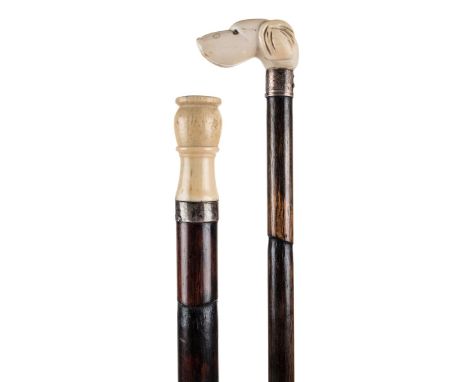 *Walking Stick. A Victorian walking cane,  with carved ivory dogs head handle, engraved silver handle on wooden shaft and hor