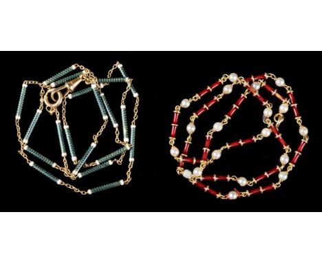 *Necklaces. A fine Continental gold chain with red enamel and pearl links,  stamped 750, 20cm drop, 11.9g gross together with