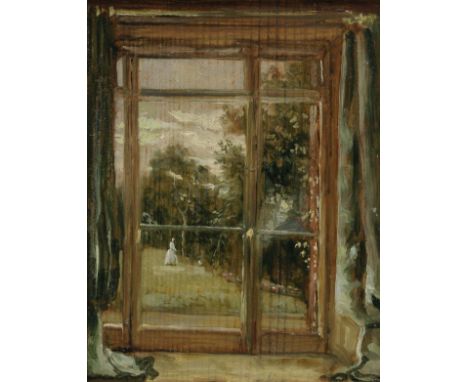 *Churchyard (Thomas, 1798-1865). Mrs Harriet Churchyard in her garden,  oil on panel, 17.5 x 14cm (7 x 5.5ins), framed  Prove