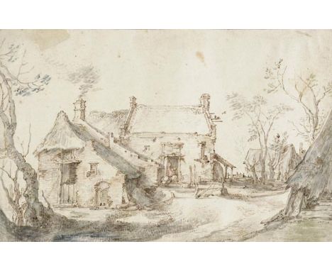 *Attributed to Gillis Claesz de Hondecoeter (1604-1653). Farmyard Cottages,  pen, brown ink, pale green and blue wash on laid