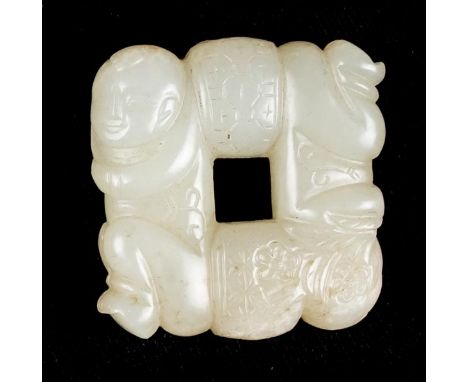 *Jade Carving. A Chinese white jade pendant,  of square form carved with boys, Qing Dynasty, 4cm x 4cm  (1)