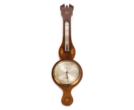 *Barometer. An Edwardian mahogany inlaid wheel barometer by Ortelli & Co,  with signed silvered dial, thermometer, the swan n