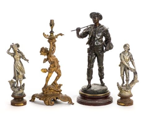*Ornaments. A large patinated spelter figure, modelled as a harvest boy with scythe over shoulder,  mounted on a simulated re