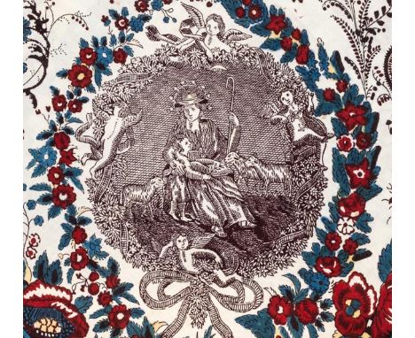*Fabric. A printed cotton chintz bedcover, 1830s,  large bedcover pieced in four places, with alternating stripes of rose spr