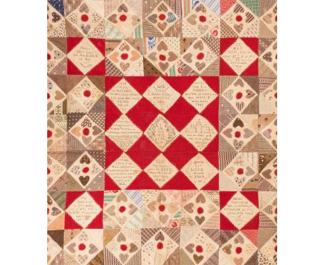*Quilt.  A patchwork marriage quilt, circa 1880,  hand-stitched quilt, with herringbone detail, in various fabrics (some 1830