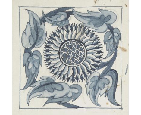 *De Morgan (William, 1839-1917). Design for a tile, watercolour on thick paper, square design of a sunflower circled by a lea