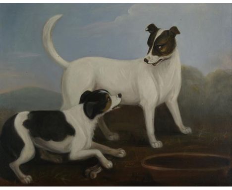 *Naive School. Terriers playing, circa 1830s,  oil on canvas (relined), showing two terriers with bone and bowl, 70 x 88cm (2