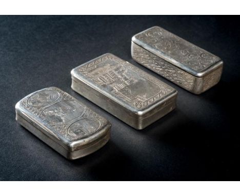 *Snuff Box. A 19th century Continental silver snuff box,   stamped 'CM', of oblong form the lid engraved with classical ruins