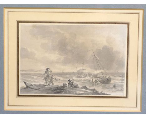 *Attributed to Nicholas Pocock (1740-1821). Fishing Vessels coming in to shore,  grisaille watercolour, depicting a blustery 