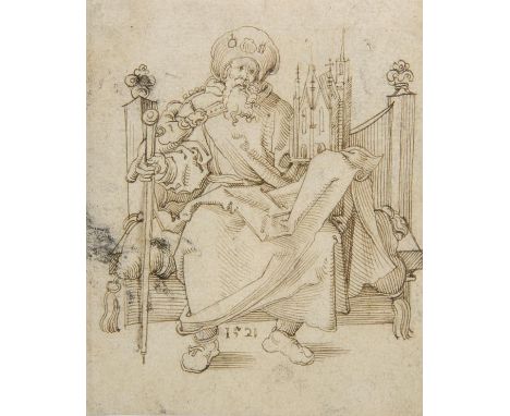 *Attributed to Hans Sebald Beham (1500-1550). Saint Sebaldus seated, holding a staff and a model of a church, 1521,  pen & br