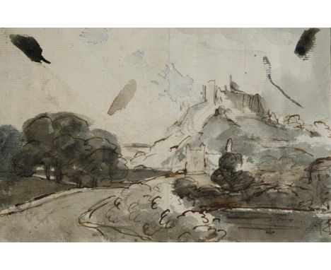 *Farington (Joseph, 1747-1821). Landscape sketch with ruined castle on a promontory,  pen, brown ink and watercolour on laid 