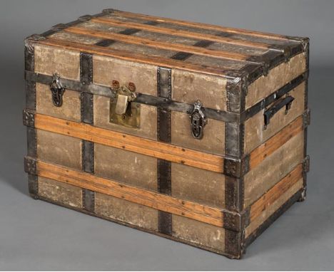 *Travelling Trunk. A Victorian travelling trunk,  covered with oak and elaborate shaped steel brackets, the lock stamped Patd