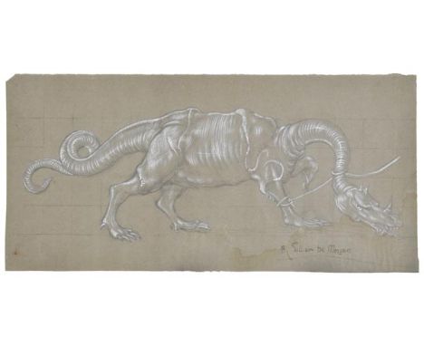 *De Morgan (William, 1839-1917). Study of a dragon, pencil highlighted with bodycolour on grey paper, showing a tethered drag