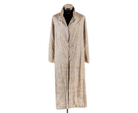 *Chinese robe. A Canton silk robe, circa 1930s,  lined cream silk robe, with collar and long sleeves, embroidered overall in 
