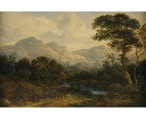 *Reinagle (Ramsay Richard, R.A., 1775-1862). Landscape with mountains, 1826,  oil on thin wood panel, 130 x 195 mm (5.1 x 7.7