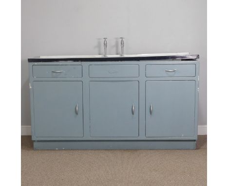 A 1950s painted metal and enamel kitchen Sink Unit, with labels for Anemone, W 160 cm x H 91 cm x D 53 cm, with damages and l
