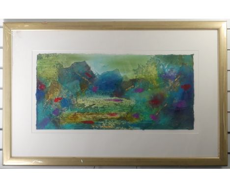 Janet Rogers (contemporary), Abstract landscape, mixed media, signed and dated 'J. Rogers 2003', 14in x 30in (35.5cm x 76cm),