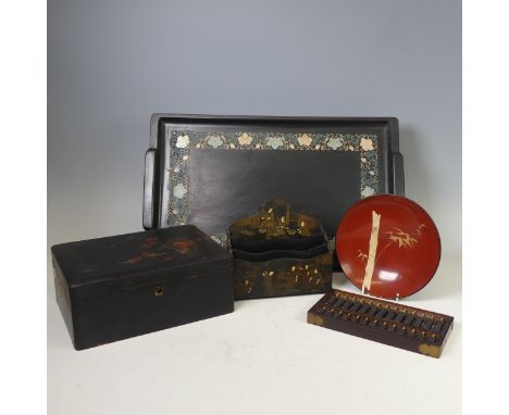 A 19th century black lacquered Chinoiserie Letter Rack, decorated with classical Chinese scenes, W 20 cm x H 18 cm x D 8 cm, 