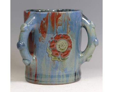 Sir Edward Elton; a Sunflower Pottery Tyg,&nbsp;commemorating the armistice, the three notched handles interspersed with moti