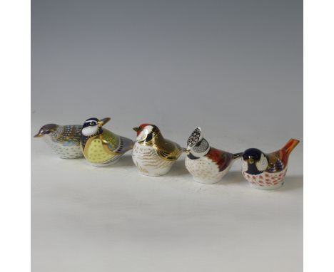 A quantity of Royal Crown Derby Paperweights, to comprise 'Coal Tit', 'Crested Tit', 'Great Tit', 'Goldfinch' and 'Blackcap W