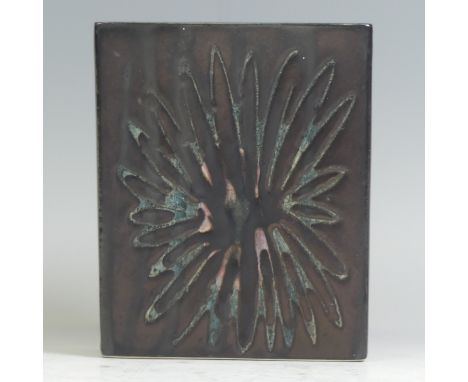 A mid 20thC Troika pottery slab Vase, decorated with manganese oxide glaze and a wax resist flowers, stamped 'TROIKA ST. IVES