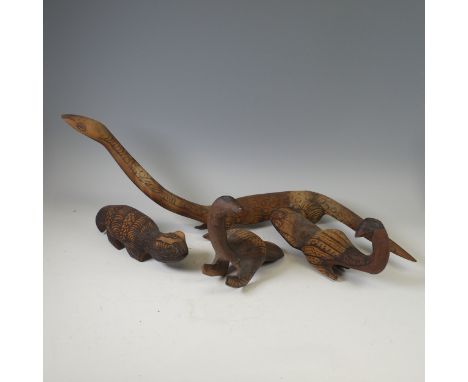 Four contemporary Tribal animal Carvings also known as Punu, including; a Perentie Lizard(Ngintaka) by Pulya Taylor, a Cat(Ng