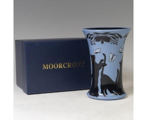 A Moorcroft pottery ‘Lucky Black Cats’ pattern vase, 2014, by Paul Hilditch, painted and printed marks, 15.5cm high, with ori