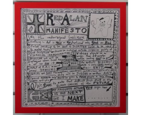 Grayson Perry (b.1960), Red Alan Manifesto, Impression paper napkin, 32.5cm x 32.5cm