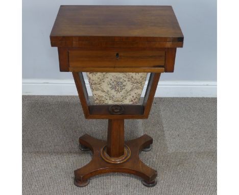 A William IV rosewood combined games and sewing Table, with rectangular fold over top with parquetry fields for chess, backga