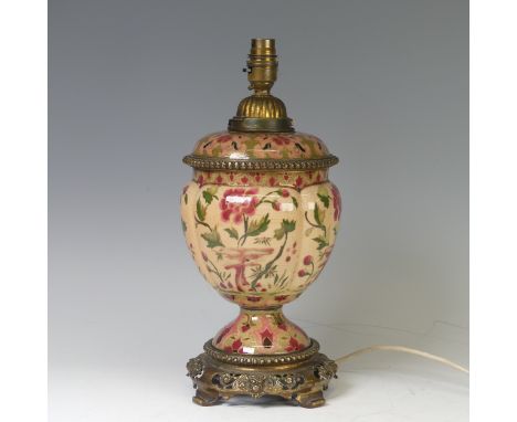 A Victorian Zsolnay Pecs ceramic Oil Lamp, later converted to electricity, applied with gilt metal mounts and decorated with 