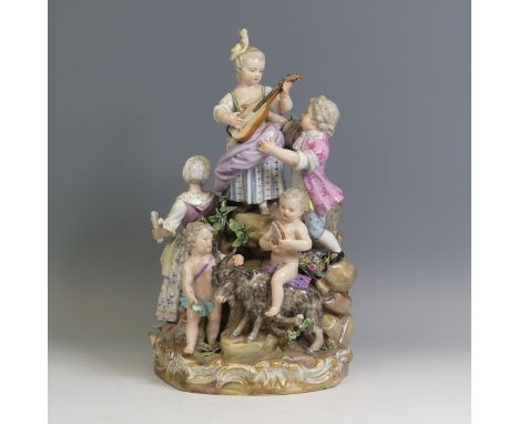 A large 19thC Meissen porcelain figural Group, emblematic of music, c. 1870, depicting seven figures including a violinist, t