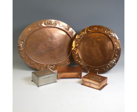 Two Arts and Crafts Copper Trays, both embossed with stylised tulip decorations and stamped "J S &amp; S", oval tray 33.5cm x