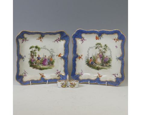 A pair of 19thC Meissen serving Plates, of square scalloped form, decorated to the border with powder blue scales, enclosing 