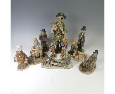 A group of ten Norman Underhill pottery Figures, including; 'Been a Bad Day', trumpet player, seated figure, tramp, pirate, e