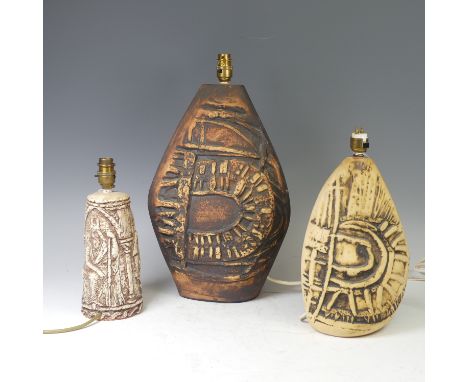 A Cornish Tremaen pottery Bowjey Table Lamp base, H 47 cm, together with another Tremaen pottery Lamp base, H 25 cm, and anot