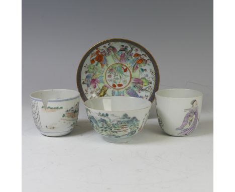 A 19thC Chinese porcelain Plate, finely decorated with cobalt blue border, decorated to the well with figures, D 15.5cm, toge