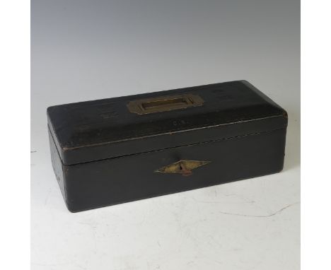 A Victorian leather dispatch Box, the chamfered top inset with central campaign handle, flanked by embossed 'VR' ciphers to e