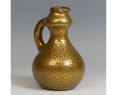 Sir Edward Elton; a Sunflower Pottery Jug, c. 1900, of bulbous form, decorated in a gold craquelure glaze over olive green un