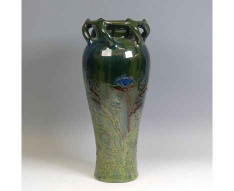 Sir Edmund Elton; a Sunflower Pottery Vase, of tall proportions and baluster form, the rim supported with twisted lug handles