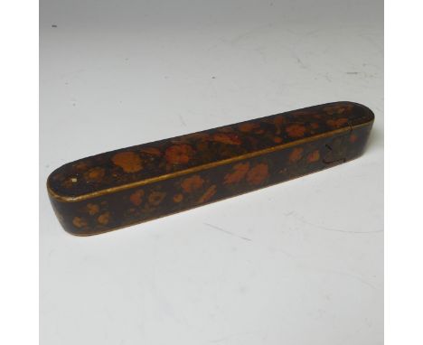 A 19th century Persian papier mache Pen Box, decorated with painted traditional floral and bird scenes, decorated slide inter