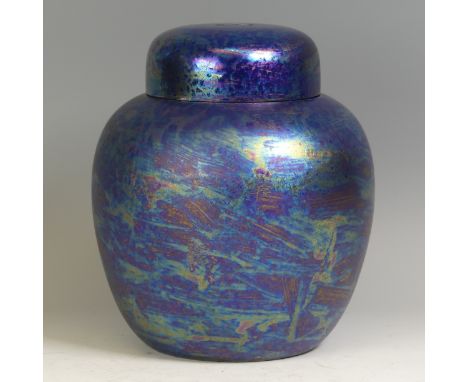 A Ruskin Pottery kingfisher blue high-fired Ginger Jar, of bulbous form and cover in iridescent glaze, impressed marks to bas
