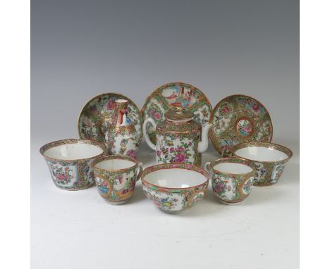 An antique Chinese Canton famille rose porcelain Teapot, of cylindrical form, chip to lid, H 12cm, together with a quantity o