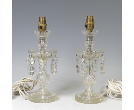 A pair of cut glass lustre Candlesticks, converted to electricity, with some losses, H 30.5 cm(2)