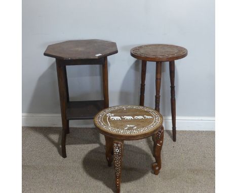 A Liberty &amp; co style carved oak Plant Stand/side Table, raised on turned supports, W 46 cm x H 70.5 cm x D 46 cm, togethe