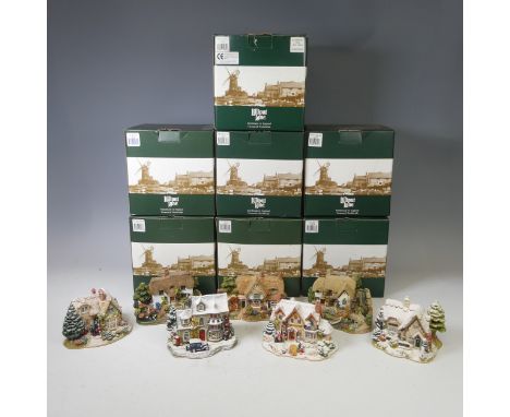 Seven large boxed Lilliput Lane Cottages, including; Christmas Lights at the Bell Inn, Sweets &amp; Treats, The Old Mill at D