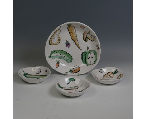 Piero Fornasetti, circa 1955, salad bowl and three dishes;&nbsp;printed and painted in coloured enamels with vegetables with 