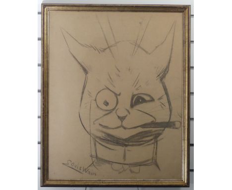 Louis William Wain (British 1860-1939),&nbsp;Portrait of Cat with cigar and monocle, charcoal on paper, signed lower left, 63