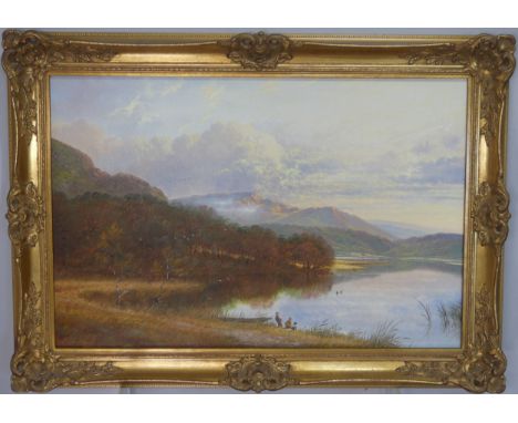 Andrew Grant Kurtis&nbsp;(British b. 1950), boys fishing in a lake-land landscape, oil on canvas, framed, 20in x 30in (51cm x